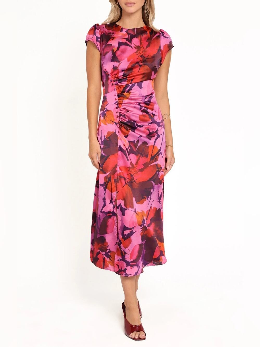 NEW Petal + Pup Lisbeth Cap Sleeve Satin Midi Dress in Magenta Floral - Size S
